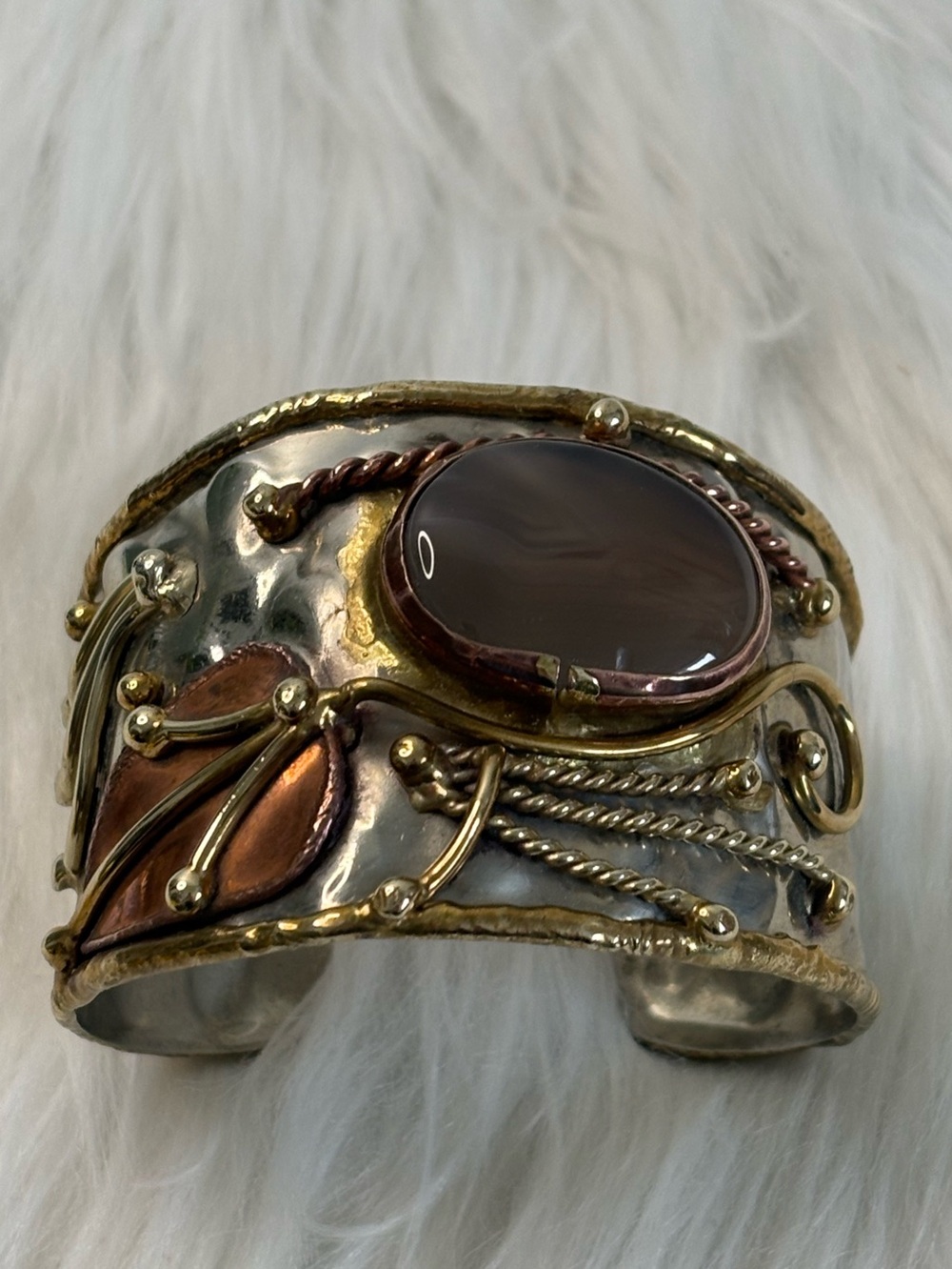 Source Unknown Mixed Metal Cuff Bracelet with Brown Agate Cabochon